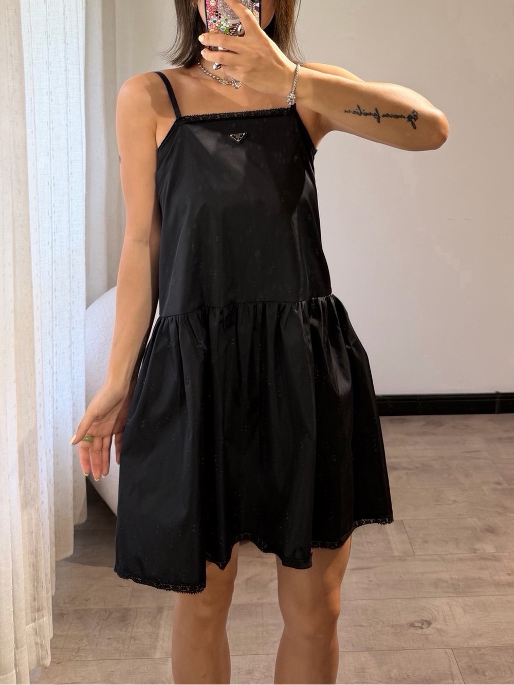 NWOT Prada Black Re-Nylon Slip Dress with Lace Trim, Size 38 = M
